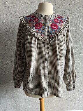 Savanna Jane Black and White Gingham Button-Down with Pink Floral Embroidery